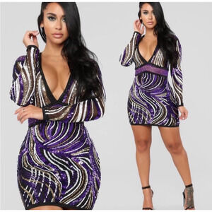 Sequin Dress Womens XL Bodycon Plunge V Neck‎ NYE Event Showgirl Fashion Nova